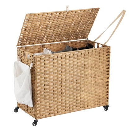 Laundry Hamper with Wheels, 52.8 Gallon(200L) Rolling Laundry Basket with Lid, Removable Large 3 Color Liners & 3 Mesh Laundry Bags, Clothes Hamper with Side Pocket, Natural - color: Natural, size: 31.5"L x 15.75"W x 25.6"H