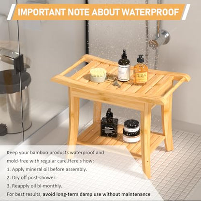 Small Bamboo Shower Bench, Non-Slip Bathroom Chair, Tub Side Bath Stool | Waterproof Spa Bench for Inside Shower, Storage Shelf & Safety Handle Design, Ideal for Elderly, Supports 300 lbs, Nature - size: 24 x 13.4 x 18.5 inches+Beige