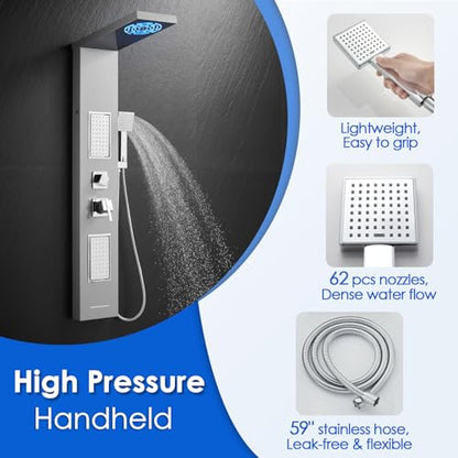 ROVOGO LED Shower Panel Tower System With Lights, 5 Shower Modes, Brushed | Rainfall Mist Shower Head, Large Body Jets, Handheld, Tub Spout, Stainless Steel Shower Column, Brass Mixing Valves, 50 Inch - style: 50" Brushed