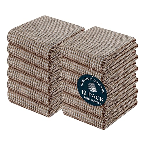12 Pack Dual Waffle Weave Kitchen Towels, 16x26 Inch, 100% Cotton, Super Absorbent, Quick Dry Dishcloth Set with Hanging Loop, Soft and Durable, Brown - color: Brown, size: 16 x 26 - Pack of 12