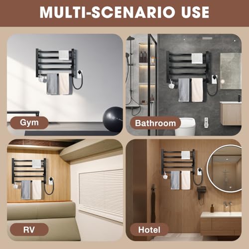 Heated Towel Rack Wall Mounted 5 Bar, Towel Warmer for Bathroom, Black | Built-in 2H/4H Timer, Easy 5-Min Install, IPX4 Waterproof Stainless Steel, Plug-in, Fast Heating for Bathroom Spa Gym