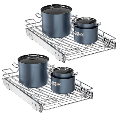 OCG Pull Out Cabinet Organizer 2 Pack (15" W x 21" D), Pull out Shelves 1 Tier, Cabinet Slide Out Shelves for Base Cabinet Organization in Kitchen Bathroom Pantry, Bottom Mount, Chrome Finish - size: 15W21D, 2Pack