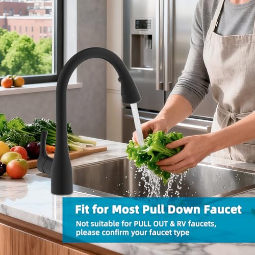 Curve Kitchen Faucet Sprayer Head Compatible with Kohler, Matte Black | NSF/ANSI/CAN 372 Certified, 14 Adapter Kit for Universal Fit Use, 3 Function Pull Down Sink Faucet Spray Head Replacement - color: Matte Black, style: Curve Design