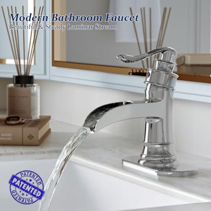 BWE Brass Chrome Waterfall Bathroom Faucet for Modern Powder Room | Wide Waterfall Spout, Ceramic Cartridge, Fits 1 or 3-Hole Sink, Single Handle, Hardware Kit Included, Not for Vessel Sink - color: Chrome