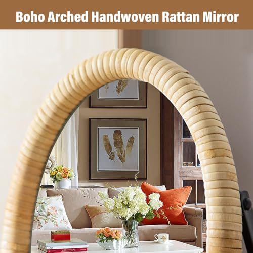 Vanity Table Desk Rattan Mirror 11.8'' x 7.8'',Boho Oval Makeup Mirror with Metal Stand,Portable Small Standing Countertop Mirror,Room Decor for Dresser,Tabletop, Bathroom,Bedroom,Living Room,Office