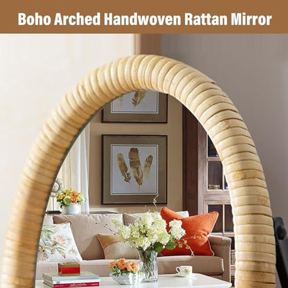 Vanity Table Desk Rattan Mirror 11.8'' x 7.8'',Boho Oval Makeup Mirror with Metal Stand,Portable Small Standing Countertop Mirror,Room Decor for Dresser,Tabletop, Bathroom,Bedroom,Living Room,Office