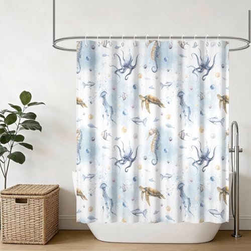 Yeele Ocean Creatures Watercolor Shower Curtain, Turtle Octopus Blue Print Shower Curtain, Waterproof Machine Washable Fabric Bath Curtain 60x72 Inch with Grommets and Hooks - color: Blue 1, size: 60"Wx72"L