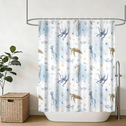 Yeele Ocean Creatures Watercolor Shower Curtain, Turtle Octopus Blue Print Shower Curtain, Waterproof Machine Washable Fabric Bath Curtain 60x72 Inch with Grommets and Hooks - color: Blue 1, size: 60"Wx72"L