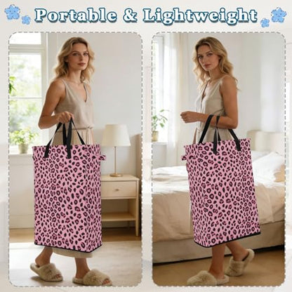Pinks Leopard Cheetah Laundry Hamper Dirty Clothes Laundry Basket Bin for Bedroom Bathroom with Handles Slim Tall Collapsible Waterproof Freestanding 48L - color: Pinks Leopard cheetah