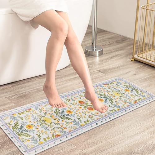 BBSET Sage Green Floral Bathroom Rug 47 * 16inch Long Plant Bath Mat for Shower Non Slip Absorbent Cute Leaf Bath Rugs (Yellow Flower) - color: Yellow Flowers