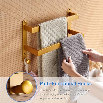 16 Inch Double Towel Bar for Bathroom with Hooks Stainless Steel Bath Towel Rack Wall Mounted Gold Finished - color: Gold, size: 16-Inch