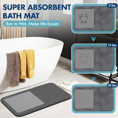 2-in-1 Stone Bath Mat with Rug – Diatomaceous Earth + Microfiber Fusion Mat for Bathroom – Ultra Absorbent, Quick-Dry, Non-Slip, Easy to Clean – Includes Gift Box & Tote