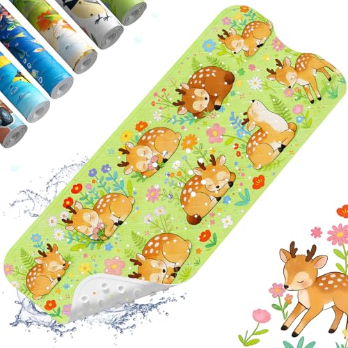 Baby Bath Mat for Tub Non Slip Kids, BPA Free Extra Long Bathtub Mat 40x16 with Drain Holes and 200 Suction Cups, Non Toxic Machine Washable Toddler Bath Mat, Eco-Friendly Certified - color: Green Deer