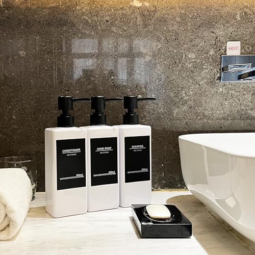 Shampoo and Conditioner Dispenser, No Drill, 16 Waterproof Labels | Shampoo Dispenser for Shower Wall, Shower Soap Dispenser Wall Mounted 3 Chamber, Bathroom, 17oz, White - color: White Bottle + Black Pump