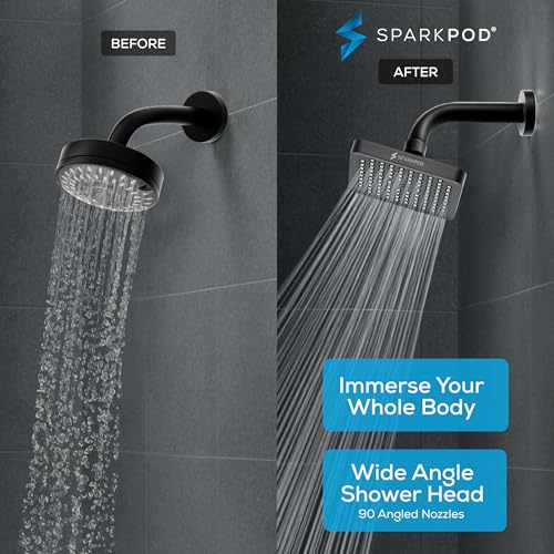 SparkPod Rain Shower Head, 6 Inch Square, Midnight Black Matte Finish | High Pressure Shower Heads, 90 Nozzles, Adjustable Showerhead, No Tools Needed, Universal Connection - color: Midnight Black Matte, style: 6 Inch Square