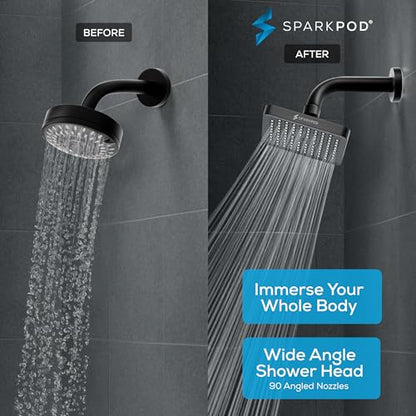 SparkPod Rain Shower Head, 6 Inch Square, Midnight Black Matte Finish | High Pressure Shower Heads, 90 Nozzles, Adjustable Showerhead, No Tools Needed, Universal Connection - color: Midnight Black Matte, style: 6 Inch Square
