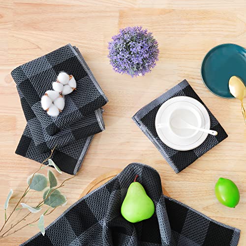 Homaxy 100% Cotton Check 6 Pack Dish Cloths, 12" x 12", Black & Grey | Waffle Weave, Plaid, Super Soft and Absorbent Dish Rags, Quick Drying, Multi-Purpose - color: Black & Grey, size: 12 x 12 - 6 Pack