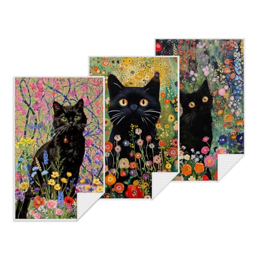 3Pcs Cute Cat Kitchen Towels Waffle Weave Absorbent Dish Cloth Tea Towel | Floral Microfiber Dish Towels for Kitchen Bathroom Farmhouse Decor, Cat Lover Gifts for Women Mom Family Grandma,24x14 Inch - color: Multi 1348