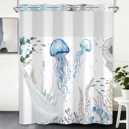 Nautical No Hook Shower Curtain and Liner Set, Blue Shower Curtains for Bathroom with Sheer Top Window, Ocean Shower Curtain with Watercolor Underwater Landscape Jellyfish Coral Design, 71x74 Inches - color: Deep Sea Jellyfish