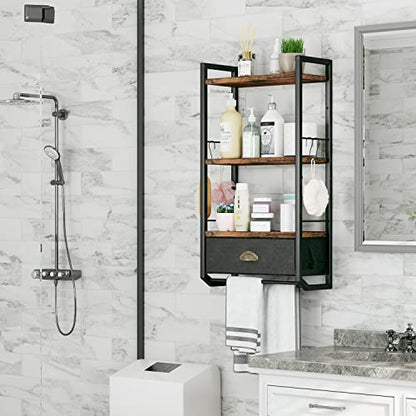Bathroom Storage Organizer Wall Mounted, 3 Tier Bathroom Towel Rack Shelf with Storage Drawer Double Towel Bars and Hooks, Industrial Bathroom Shelves Over Toilet, Rustic Black and Brown (A)
