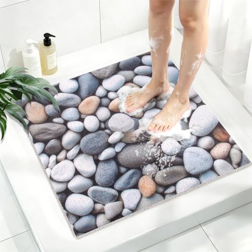 Square Shower Mat, Yonala 27 x 27 Inch Stylish Non Slip Shower Mats for Inside Shower, Soft Trimmable PVC Loofah Anti Slip Shower Mat, Fast Drying Shower Floor Mat for Bathroom, Home, Bath Tub - color: Lifelike Pebbles, size: 27" x 27" (Square)