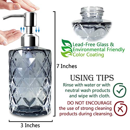 JASAI 12Oz Diamond Grey Glass Soap Dispenser with 304 Rust Proof Soap Pump | Dish Soap Dispenser with 304 Rust Proof for Kitchen, Bathroom Soap dispenser for Hand Soap, Liquid Soap - color: Gray