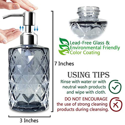 JASAI 12Oz Diamond Grey Glass Soap Dispenser with 304 Rust Proof Soap Pump | Dish Soap Dispenser with 304 Rust Proof for Kitchen, Bathroom Soap dispenser for Hand Soap, Liquid Soap - color: Gray