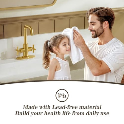 Phiestina Brushed Gold 2-Handle 4 Inch Centerset Single Hole Bathroom Faucet with Drain,Deck Plate and Supply Hoses, Fit for 1 or 3 Hole, SGF002-10-BG