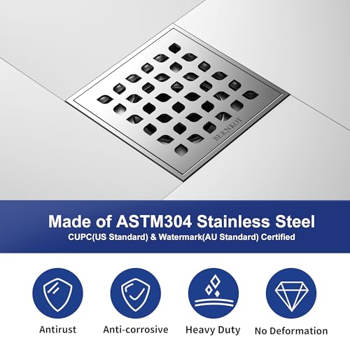 Square Shower Drain with PVC Bonding Flange Base, 4" Brushed | 304 Stainless Steel Drain w/ Drain Key for Low Profile Shower Tiles, CUPC Certified - color: Brushed4"