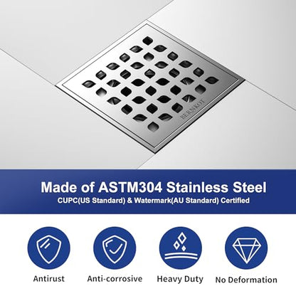 Square Shower Drain with PVC Bonding Flange Base, 4" Brushed | 304 Stainless Steel Drain w/ Drain Key for Low Profile Shower Tiles, CUPC Certified - color: Brushed4"