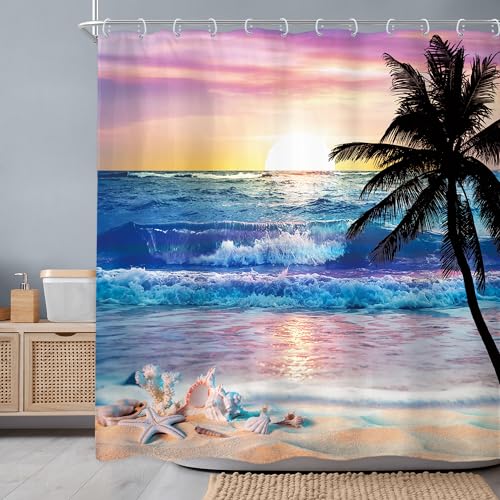 Ocean Coastal Sunrise Beach Tropical Palm Tree Bathroom Shower Curtain Set | 72Wx72H Hawaiian Sunset waterproof HD printed fabric, quick-dry feel, and hooks for easy installation - color: A-01beach Purple, size: 72"W x 72"L (Pack of 1)