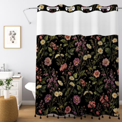Dark Floral Shower Curtain with Snap in Liner & Tassels, 71W x 77L | No Hook Needed, Double Layer Waterproof Fabric with Mesh Top, Moody Botanical Wildflower Design for Boho Farmhouse Bathroom - color: Colorful Wildflowers