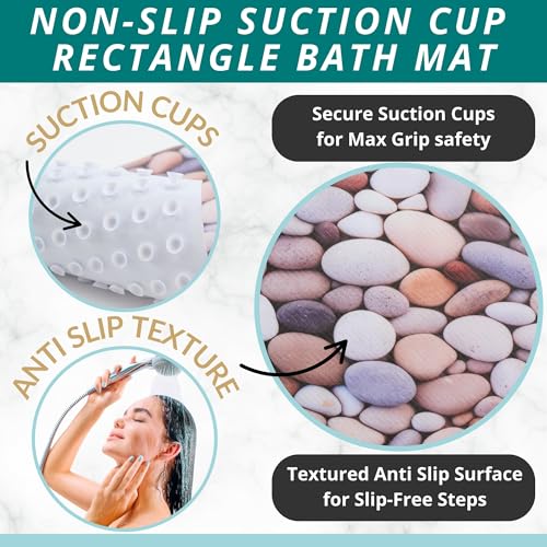ENKOSI Non Slip Bath Mat for Tub and Shower Floors – Anti Slip Shower Mat with Strong Secure Grip – Unique Pebble Stone Print Bathroom Mat for Inside Bathtub and Smooth Stalls (28x16 Pebble Stone) - color: Pebble Stone