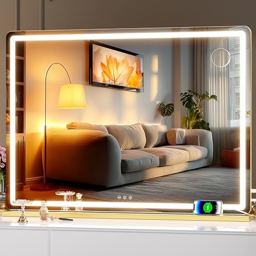 Hasipu Vanity Mirror with Lights, 39.4" x 30" LED Makeup Mirror, Lighted Makeup Mirror with Dimmable 3 Modes, Touch Screen Control Vanity Mirror Round Gold - color: Gold, size: 39.4"L x 30"W