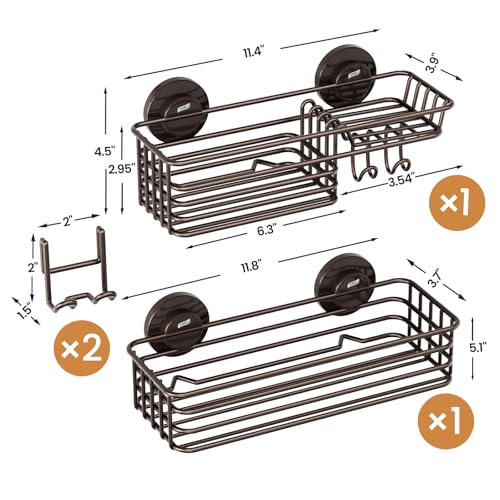 Shower Caddy Suction Cup, 2 Pack Shelves for Inside with Hooks | Brown Shower Storage, Rustproof Meatl Bathroom Basket, Soap Holder, NO-Drilling Shower Holder - color: 2 X Brown