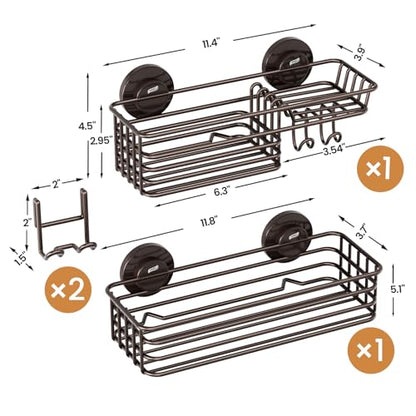 Shower Caddy Suction Cup, 2 Pack Shelves for Inside with Hooks | Brown Shower Storage, Rustproof Meatl Bathroom Basket, Soap Holder, NO-Drilling Shower Holder - color: 2 X Brown