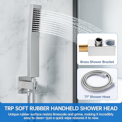 Hawkrown 12 Inch Luxury Rain Shower Faucet Set, Brushed Nickel Shower System with Rainfall Shower Head and Handheld Spray, SUS304 Stainless Steel and Solid Brass Wall Mounted Shower Valve Trim Kit - color: Brushed Nickel, size: 12 Inch