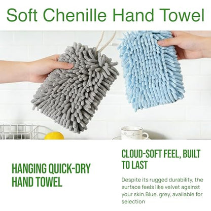 Microfiber Chenille Hand Towel, Soft Hanging Absorbent Quick Dry Towels 2Pcs Kitchen, Bathroom Hand Drying Cleaning with Creative Decoration Towel Set. (Grey+Blue)