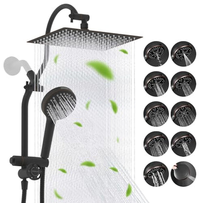 Hibbent High Pressue All Metal 12" Rainfall Shower Head, Handheld 10-Spray | cUPC Certified Oil-Rubbed Bronze Dual Showerhead Combo, 4-way Diverter with Pause Mode, Extension Arm, 71'' Hose & Holder - color: Oil Rubbed Bronze, style: Square 12"