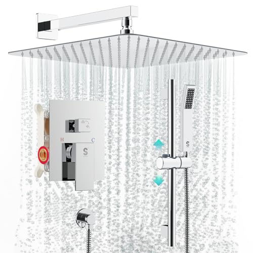 SR SUN RISE 12 Inch Slide Bar Shower System, Square Rain Shower Head and Handheld Spray, Wall Mounted Shower Faucets Sets Complete Included Valve and Shower Trim Kit, Polished Chrome | Rain Head and Handle System,16" Adjustable Shower Slide Bar,Soild Bras