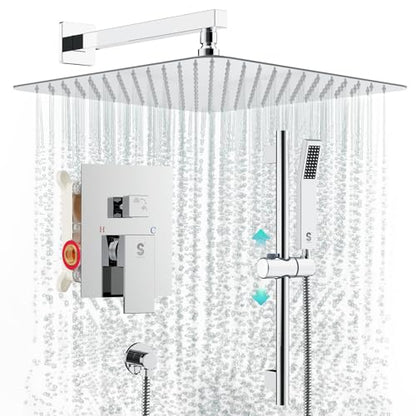 SR SUN RISE 12 Inch Slide Bar Shower System, Square Rain Shower Head and Handheld Spray, Wall Mounted Shower Faucets Sets Complete Included Valve and Shower Trim Kit, Polished Chrome | Rain Head and Handle System,16" Adjustable Shower Slide Bar,Soild Bras