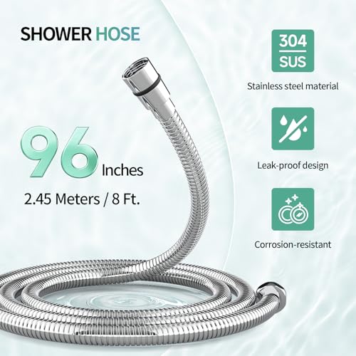 SR SUN RISE 2.45 Meters/96 Inches/8 Ft. Flexible 304 Stainless Steel Replacement Shower Hose Extra Long with Brass Fittings.Explosion-Proof. Polished Chrome - size: 2.45 m