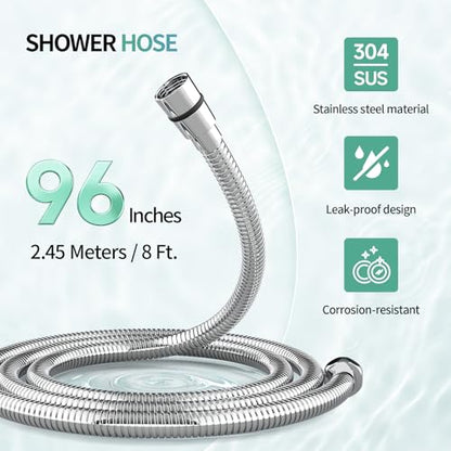 SR SUN RISE 2.45 Meters/96 Inches/8 Ft. Flexible 304 Stainless Steel Replacement Shower Hose Extra Long with Brass Fittings.Explosion-Proof. Polished Chrome - size: 2.45 m