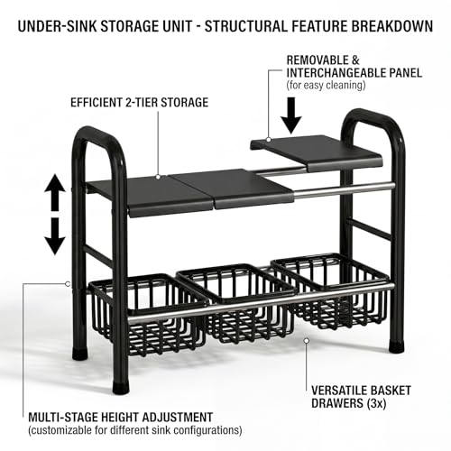Under Sink Organizers and Storage, 2 Tier 20.9"-34.6" Expandable Length with 3 Removable Baskets and 3 Removable Panels Expandable Shelf for Cupboard,Kitchen,Bathroom, Black