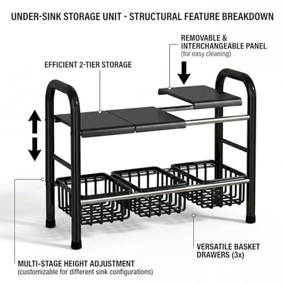 Under Sink Organizers and Storage, 2 Tier 20.9"-34.6" Expandable Length with 3 Removable Baskets and 3 Removable Panels Expandable Shelf for Cupboard,Kitchen,Bathroom, Black