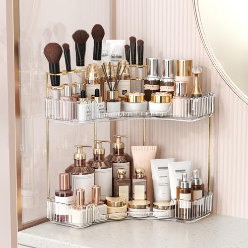 BEFSOP Corner Bathroom Counter Organizer, Upgraded 2-Tier Makeup Organizer Countertop with Makeup Brush Holder, Skincare Exquisite Vanity Organizers Countertop Bathroom Storage Dresser(CLEAR) - color: Clear, size: 2 Tier