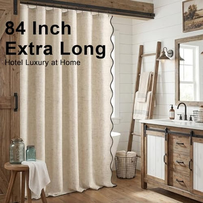 Extra Long Shower Curtains 84 Inch Linen Beige Cute Black Scalloped Boho Modern Shower Curtains for Bathroom Set, 72" W x 84" L