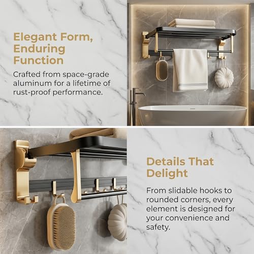 Towel Storage for Small Bathroom、 24 inch Towel Rack，Bath Towel Holder， Foldable Towel Rack with 7 Hooks, Bathroom and Toilet wall Mounted Towel Rack Made of Aviation Aluminum (Luxury Black Gold)