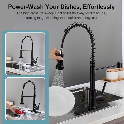 Kitchen Faucets with Pull Down Sprayer, Matte Black Stainless Steel Single Handle Pull Out Spring Sink Faucet, 3 Function Sprayer 1 or 3 Hole Deck Plate for Farmhouse Laundry Rv Bar - color: Matte Black, style: Classic
