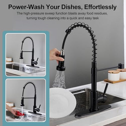 Kitchen Faucets with Pull Down Sprayer, Matte Black Stainless Steel Single Handle Pull Out Spring Sink Faucet, 3 Function Sprayer 1 or 3 Hole Deck Plate for Farmhouse Laundry Rv Bar - color: Matte Black, style: Classic